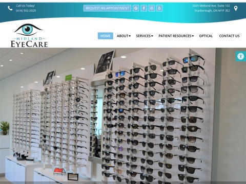 Screenshot of the MIDLAND EYECARE homepage, www.midlandeyecare.ca, captured 2026-08-13, shown as the evidence for this review