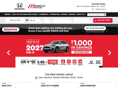 Screenshot of the Midland Honda homepage, www.midlandhonda.com/?utm_source=google_lso_trader&utm_medium=organic&utm_campaign=home, captured 2026-08-19, shown as the evidence for this review