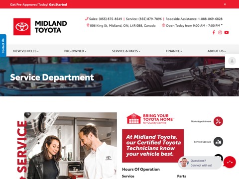 Screenshot of the Midland Toyota Service Centre homepage, www.midlandtoyota.ca/service/?utm_source=google_lso_trader_service&utm_medium=organic&utm_campaign=home, captured 2026-08-19, shown as the evidence for this review