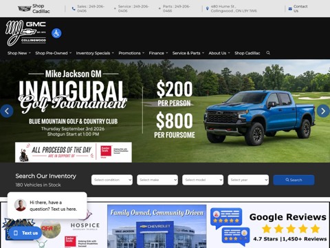 Screenshot of the Mike Jackson GM homepage, www.mikejacksongm.com/?utm_source=google&utm_medium=organic&utm_campaign=gbp+button+link, captured 2026-08-19, shown as the evidence for this review