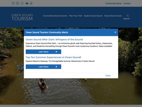 Screenshot of the Mill Dam homepage, owensoundtourism.ca/en, captured 2026-08-13, shown as the evidence for this review