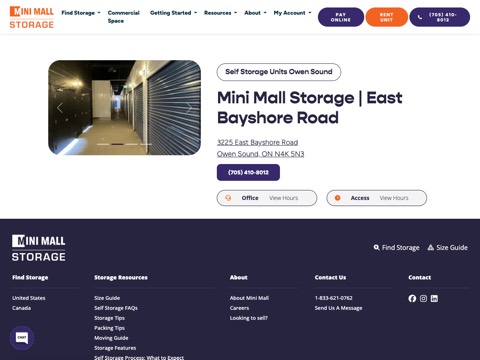 Screenshot of the Mini Mall Storage - Owen Sound homepage, minimallstorage.com/storage-units/ontario/owen-sound/east-bayshore-road?utm_source=GBP&utm_medium=local&utm_campaign=google-local, captured 2026-08-19, shown as the evidence for this review