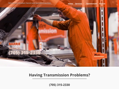 Screenshot of the Mister Transmission homepage, mistertransmissionbarrie.ca, captured 2026-08-19, shown as the evidence for this review