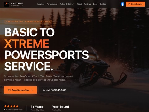 Screenshot of the MJC Xtreme Powersports Service and Repair homepage, mjcxtremepowersports.ca, captured 2026-08-19, shown as the evidence for this review