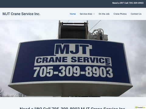 Screenshot of the MJT Crane Service Inc. homepage at mjtcraneboomtruckrental.ca, captured 2026-08-13, shown as the evidence for the review on this page