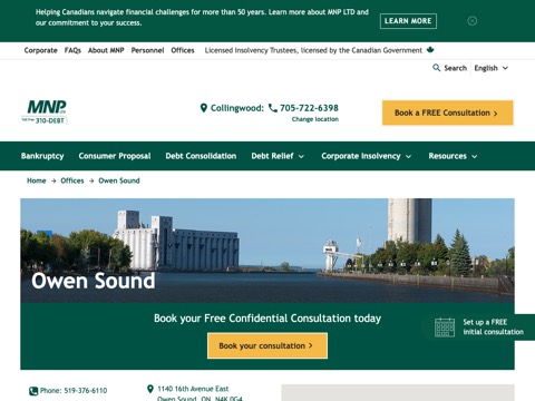 Screenshot of the MNP Debt - Licensed Insolvency Trustees Bankruptcy & Consumer Proposals homepage at mnpdebt.ca/en/offices/Owen-Sound?utm_source=google&utm_medium=organic_lpm&utm_campaign=Waterloo_Insolvency&sc_camp=6E4BBDFD22C64A84B500D9FF6C0F1916, captured 2026-08-19, shown as the evidence for the review on this page