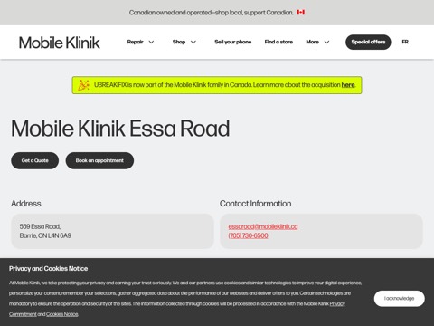 Screenshot of the Mobile Klinik homepage, mobileklinik.ca/stores/barrie-essa-road, captured 2026-08-19, shown as the evidence for this review