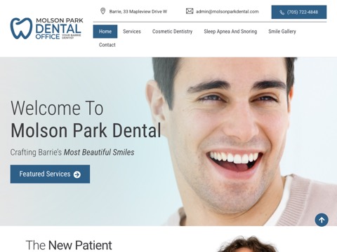 Screenshot of the Molson Park Dental homepage, molsonparkdental.com, captured 2026-08-19, shown as the evidence for this review