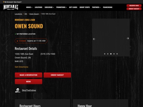 Screenshot of the Montana’s BBQ & Bar homepage, www.montanas.ca/en/locations/on/owen-sound/1555-18th-ave-east, captured 2026-08-19, shown as the evidence for this review