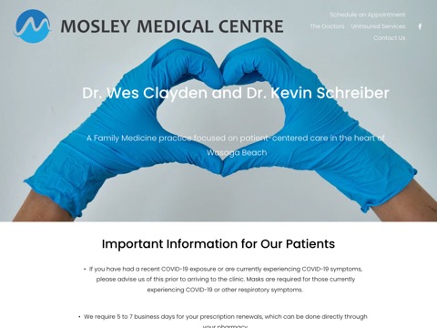 Screenshot of the Mosley Medical Centre homepage at mosleymedical.com, captured 2026-08-19, shown as the evidence for the review on this page