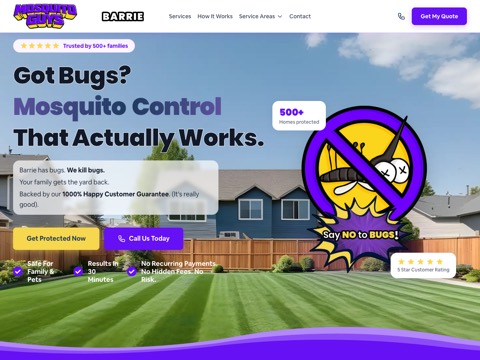 Screenshot of the Mosquito Guys Barrie homepage, www.mosquitoguys.ca/barrie, captured 2026-08-19, shown as the evidence for this review