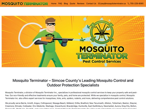 Screenshot of the Mosquito Terminator homepage, www.mosquitoterminator.ca, captured 2026-08-19, shown as the evidence for this review