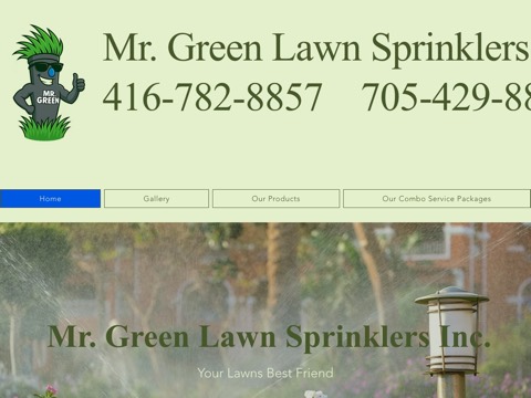 Screenshot of the Mr. Green Lawn Sprinklers Inc. homepage, www.mrgreenlawnsprinklers.com, captured 2026-08-19, shown as the evidence for this review