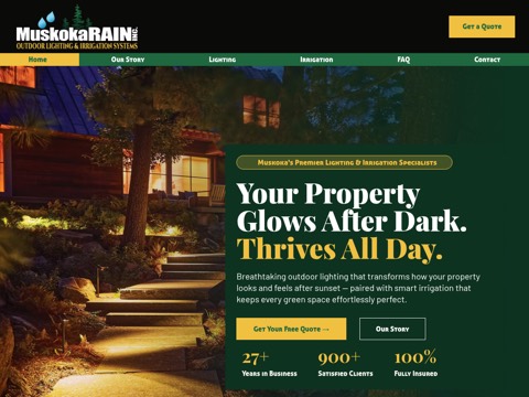 Screenshot of the Muskoka Rain Inc. (Formerly StayGreen Irrigation) homepage, www.muskokarain.ca, captured 2026-08-19, shown as the evidence for this review