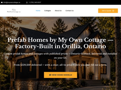 Screenshot of the My Own Cottage Inc. homepage, myowncottage.ca, captured 2026-08-19, shown as the evidence for this review