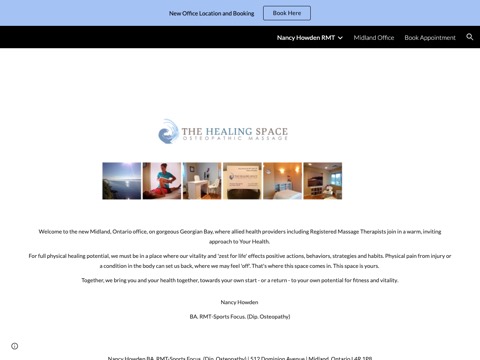 Screenshot of the Nancy Howden Registered Massage Therapy, RMT. homepage, www.healing-space.ca, captured 2026-08-19, shown as the evidence for this review