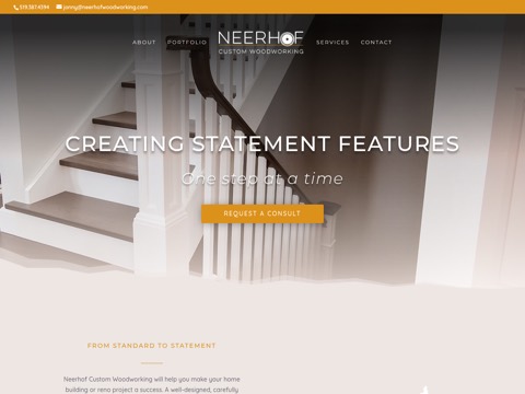 Screenshot of the Neerhof Custom Woodworking homepage, neerhofwoodworking.com, captured 2026-08-19, shown as the evidence for this review