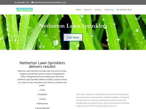 Screenshot of the Netherton Lawn Sprinklers homepage, nethertonlawnsprinklers.com, captured 2026-08-19, shown as the evidence for this review
