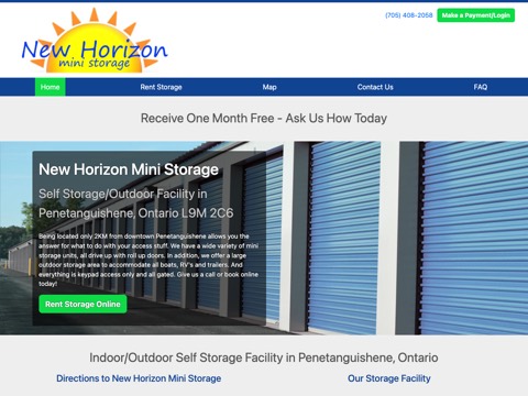 Screenshot of the New Horizon Mini Storage homepage, www.newhorizonministorage.com, captured 2026-08-19, shown as the evidence for this review