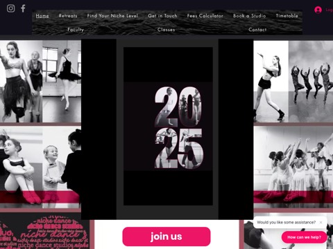 Screenshot of the Niche Dance Studios homepage, www.nichedancestudios.com, captured 2026-08-13, shown as the evidence for this review