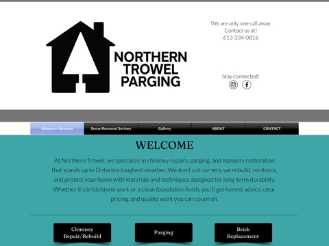 Screenshot of the Northern Trowel Parging homepage, www.northerntrowelparging.com/?utm_source=google&utm_medium=wix_google_business_profile&utm_campaign=897154947086557133, captured 2026-08-13, shown as the evidence for this review