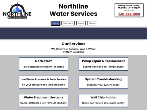 Screenshot of the Northline Water Services homepage, www.northlinewater.ca, captured 2026-08-13, shown as the evidence for this review