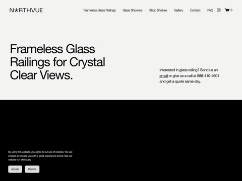 Screenshot of the NorthVue Glass Railings homepage at www.northvueglass.com, captured 2026-08-19, shown as the evidence for the review on this page