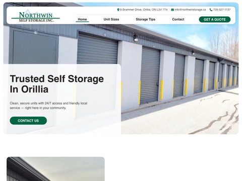 Screenshot of the Northwin Self Storage Inc. homepage, northwinstorage.ca, captured 2026-08-19, shown as the evidence for this review