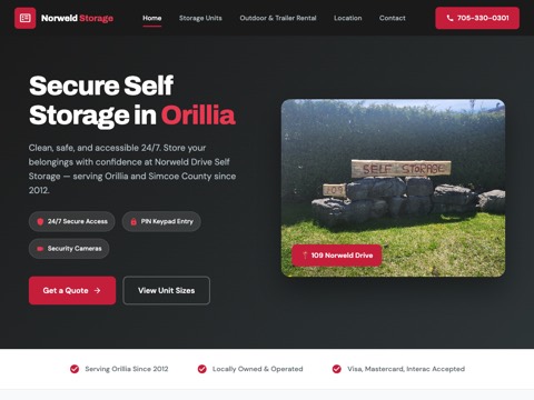 Screenshot of the Norweld Drive Self Storage - Orillia homepage, norweldstorage.ca, captured 2026-08-19, shown as the evidence for this review