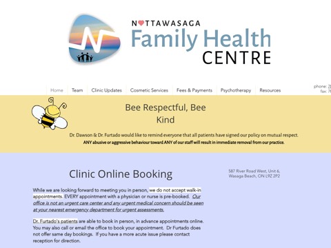 Screenshot of the Nottawasaga Family Health Centre homepage, www.nottawasagafhc.ca, captured 2026-08-19, shown as the evidence for this review