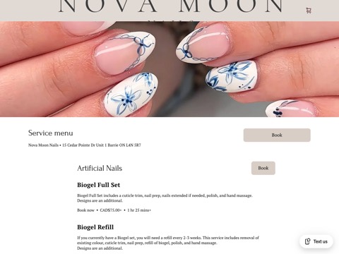 Screenshot of the Nova Moon Nails homepage, novamoonnails.square.site, captured 2026-08-19, shown as the evidence for this review