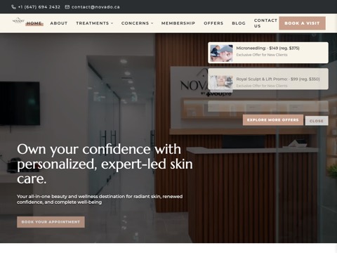 Screenshot of the Novado Skin Care Barrie homepage, novadoskincare.ca, captured 2026-08-19, shown as the evidence for this review