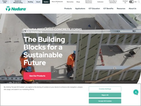 Screenshot of the Nudura ICFs, a brand of Tremco CPG Inc. homepage, www.nudura.com, captured 2026-08-13, shown as the evidence for this review