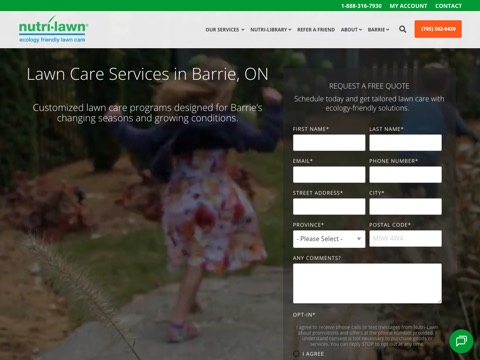 Screenshot of the Nutri-Lawn of Barrie homepage, www.nutrilawn.com/barrie, captured 2026-08-19, shown as the evidence for this review