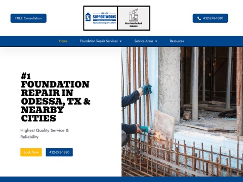 Screenshot of the Odessa Foundation Repair Contractors homepage, odessafoundationrepaircontractors.com, captured 2026-08-13, shown as the evidence for this review