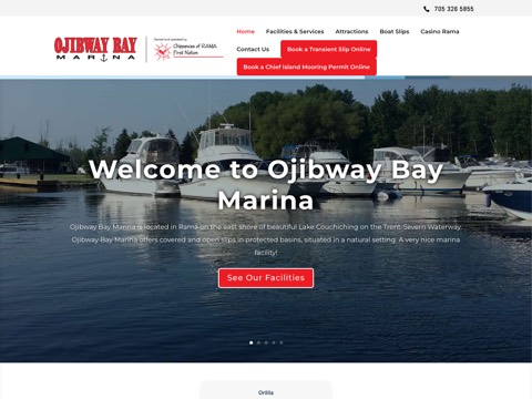 Screenshot of the Ojibway Bay Marina homepage, ojibwaybaymarina.ca, captured 2026-08-19, shown as the evidence for this review