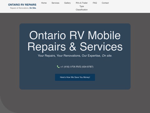 Screenshot of the Ontario RV Mobile Repairs & Services homepage, www.ontariorvrepairs.com, captured 2026-08-19, shown as the evidence for this review