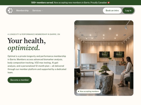 Screenshot of the Optimal Health Clinic Barrie homepage, www.beoptimal.ca, captured 2026-08-19, shown as the evidence for this review