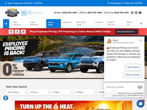 Screenshot of the Orillia Chevrolet Buick GMC homepage, www.orilliachevrolet.com/?utm_source=googlemybusiness&utm_medium=organic&utm_campaign=website-link, captured 2026-08-19, shown as the evidence for this review