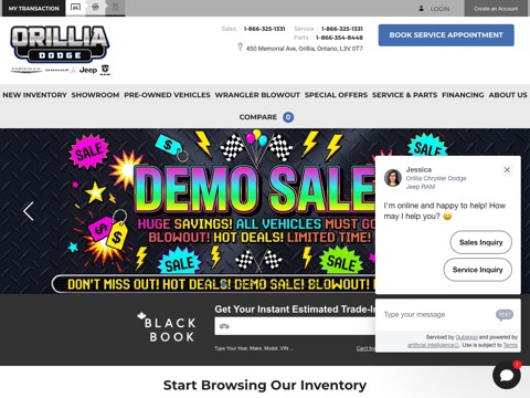 Screenshot of the Orillia Dodge Chrysler Inc. homepage, www.orilliadodge.ca/en, captured 2026-08-19, shown as the evidence for this review