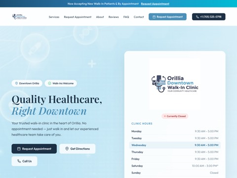 Screenshot of the Orillia Downtown Walk-In Clinic homepage, orilliadowntownclinic.ca, captured 2026-08-19, shown as the evidence for this review