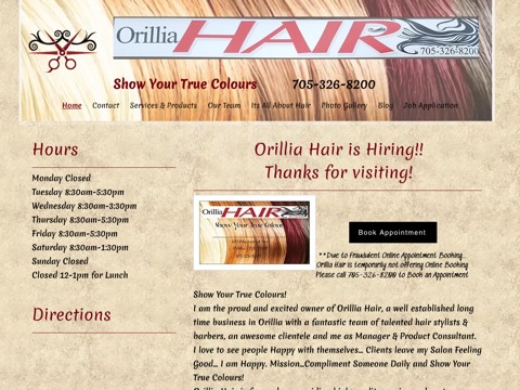 Screenshot of the Orillia Hair homepage, www.orilliahair.ca, captured 2026-08-19, shown as the evidence for this review