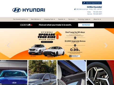Screenshot of the Orillia Hyundai homepage, www.orilliahyundai.com, captured 2026-08-19, shown as the evidence for this review