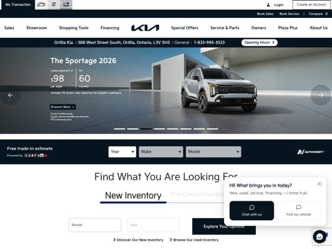 Screenshot of the Orillia Kia homepage, www.orilliakia.com/en, captured 2026-08-19, shown as the evidence for this review