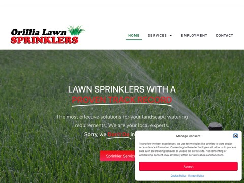 Screenshot of the Orillia Lawn Sprinklers homepage, orillialawnsprinklers.com, captured 2026-08-19, shown as the evidence for this review
