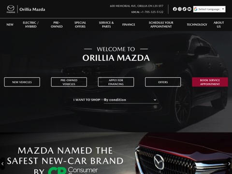 Screenshot of the Orillia Mazda homepage, www.orilliamazda.com, captured 2026-08-19, shown as the evidence for this review