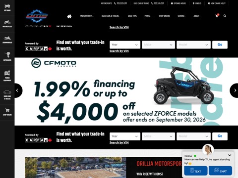 Screenshot of the Orillia Motor Sports homepage, orilliamotorsports.com, captured 2026-08-19, shown as the evidence for this review