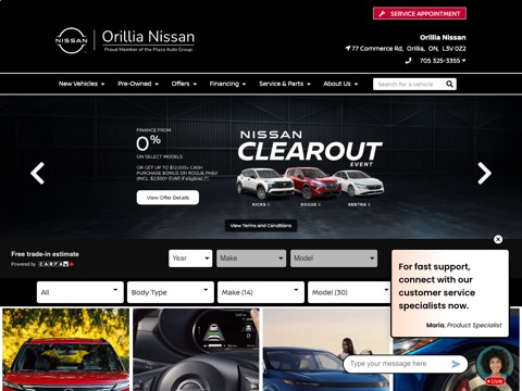Screenshot of the Orillia Nissan homepage, www.orillianissan.com, captured 2026-08-19, shown as the evidence for this review