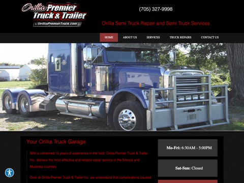 Screenshot of the Orillia Premier Truck & Trailer Inc. homepage, orilliapremiertruck.com, captured 2026-08-19, shown as the evidence for this review