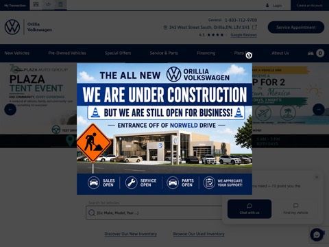 Screenshot of the Orillia Volkswagen homepage, www.orilliavw.ca/en, captured 2026-08-19, shown as the evidence for this review